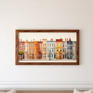 Impresión colorida de hileras de casas adosadas, dibujo arquitectónico de Nueva York, póster de la casa adosada de Chicago, Philadelphia Row House, lápiz de color, acuarela