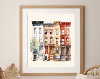 Brooklyn Brownstone watercolor painting, New York City wall art, architecture painting, fine art print, house warming gift, art for new home