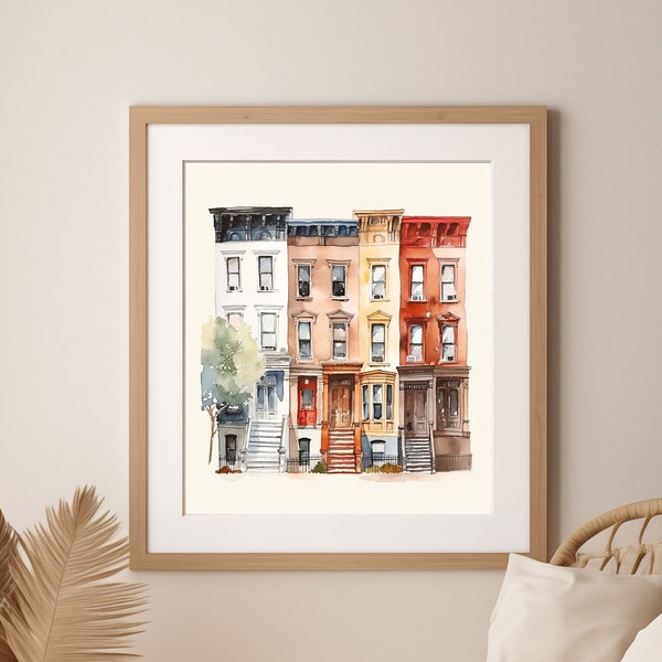 Brooklyn Brownstone watercolor painting, New York City wall art, architecture painting, fine art print, house warming gift, art for new home