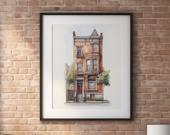Brooklyn Brownstone Painting, NYC Architecture Drawing, Chicago Townhouse Print, Philadelphia Row House, colored pencil, watercolor