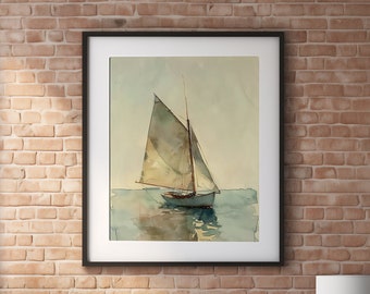 Arte de pared de acuarela de velero vintage, pintura náutica vintage, impresión inspirada en Winslow Homer, decoración del hogar de la casa de playa, cartel de barco de paisaje marino
