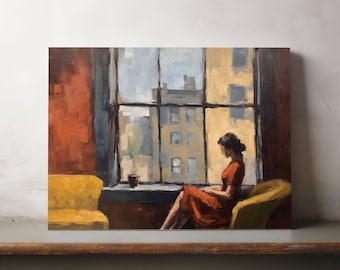 Edward Hopper Inspired Oil Painting Print, woman waiting, fine art, vintage, wall art, house warming gift