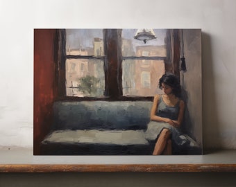 Impresión de pintura al óleo inspirada en Edward Hopper, bellas artes, vintage, arte de pared, mujer solitaria, regalo de inauguración de la casa