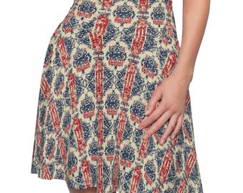 Patriotic Women&#39;s Skater Skirt for Fun Summer Fashion with Vintage style Print Skirt for Independence Day with Red White and Blue design