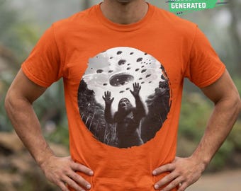 Sasquatch UFO Heavy Cotton Tee in black and white tshirt with Bigfoot and Aliens in monochrome colors fantasy cryptid theme