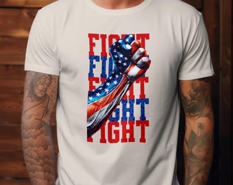 Red White and Blue Patriotic FIGHT Heavy Cotton Tee with American flag color tshirt for USA lover gift tee for Trump fan top with fight fist