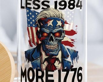 Less 1984 More 1776 Patriotic Zombie lidded sipper glass with USA Flag glass for iced coffee cup with Skull glass and bamboo lid with straw