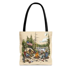 Vintage Stil Aquarell Camping und Angeln Szene Einkaufstasche Natur Liebhaber Geschenk Outdoor Abenteuer Reisetasche Wiederverwendbare Einkaufstasche Strandtasche