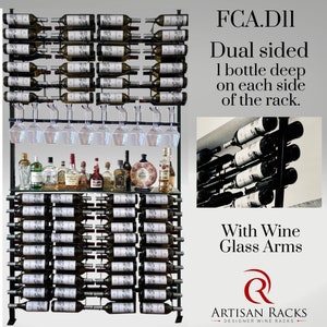 Floor to Ceiling Wine Rack. Up to 120  bottles. Dual sided.  Wine Glass Arms. Width options are 2' wide, 3' wide, or 4' wide. Custom Height.