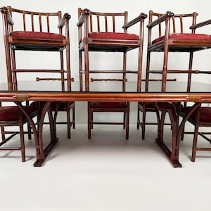 Vintage Bamboo and Rattan Dining Table with Glass Topper and 8 Upholstered Armchairs