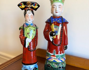 Vintage Chinese Qing Dynasty Emperor and Empress Hand Painted Porcelain Figurines
