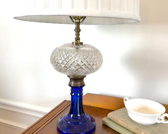 Antique Cobalt Blue and Cut Glass Table Lamp: Victorian Brass Accents