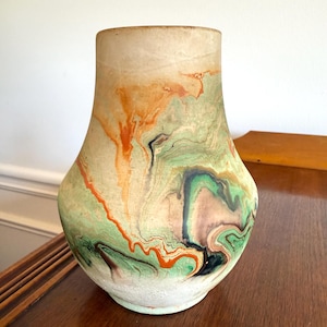 Vintage Nemadji Pottery Vase: Swirled Orange Green Red, USA Made