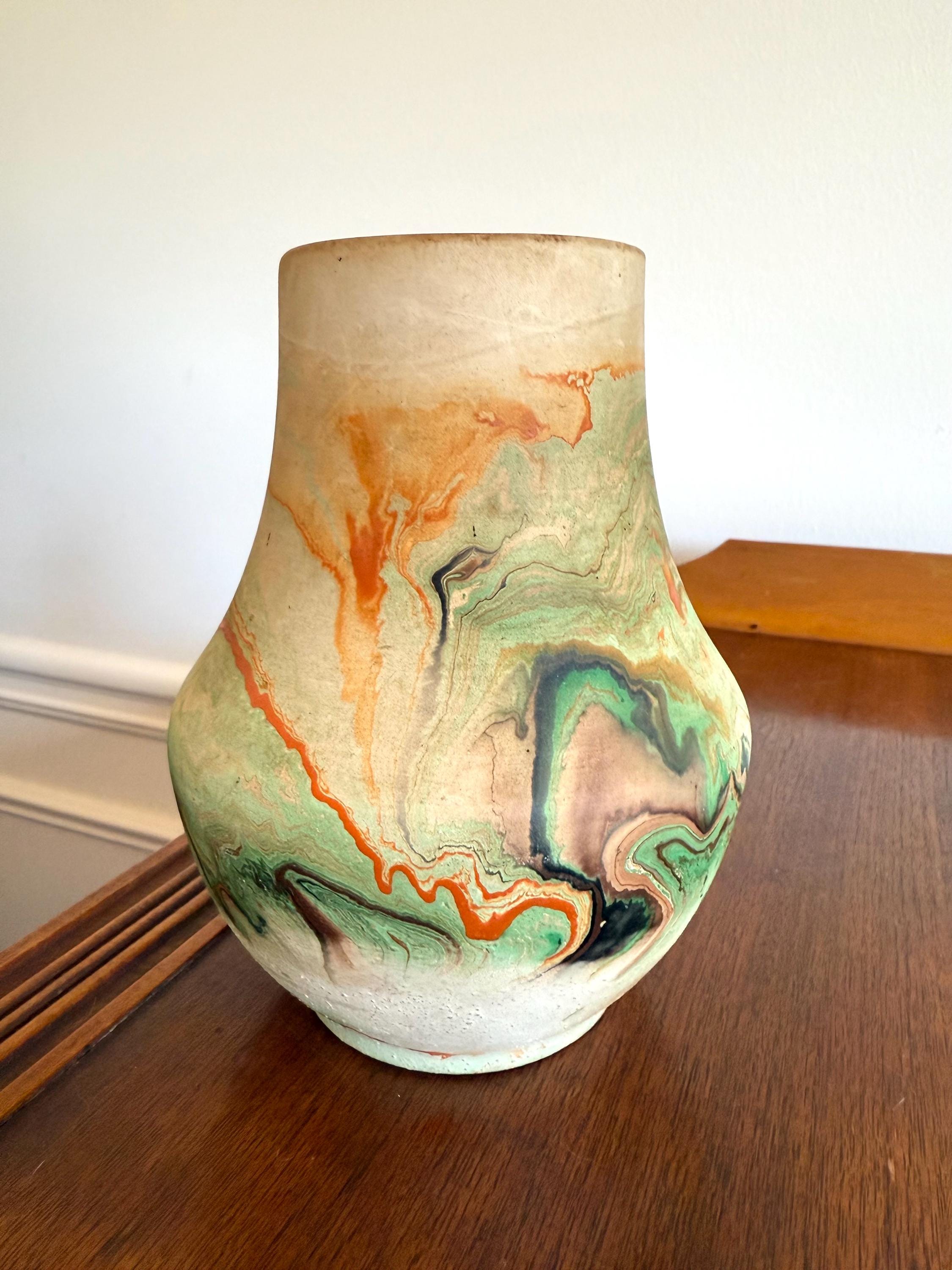 Vintage Nemadji Pottery Vase: Swirled Orange Green Red, USA display picture 1