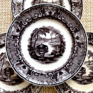 1800's Mulberry Flow Black Pearl Stoneware Transfer Plates, Washington Vase, Podmore Walker England