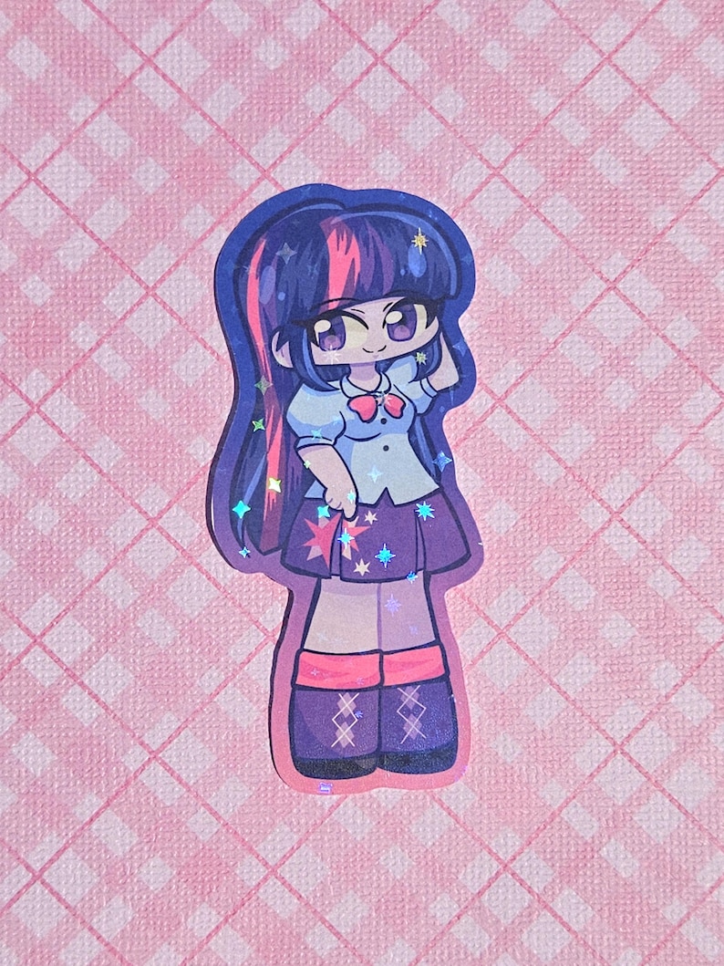 May include: A sticker featuring a cartoon character with long, dark purple hair with pink highlights. The character wears a light blue shirt, a purple skirt with star accents, and purple boots. The sticker has a holographic effect and is set against a pink background.