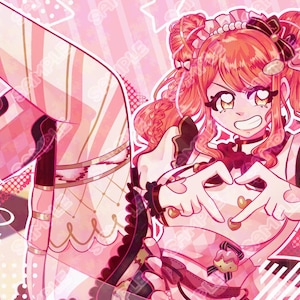 May include: A pink and white anime-style illustration of a character with orange hair, wearing a maid outfit. The character is making a heart shape with their hands. The background is pink with various patterns and the word "SAMPLE" repeated.