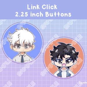 May include: Two 2.25 inch button pins featuring anime-style characters. The character on the left has white hair and is wearing a white shirt with a blue tie. The character on the right has black hair and is wearing a blue and white jacket.