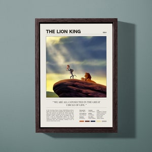Peut inclure: Une affiche encadrée au design minimaliste représentant une scène du film d'animation Le Roi Lion. L'affiche comprend une citation du film : « Nous sommes tous connectés dans le grand cercle de la vie. » L'affiche est dans un cadre brun et a un fond blanc.