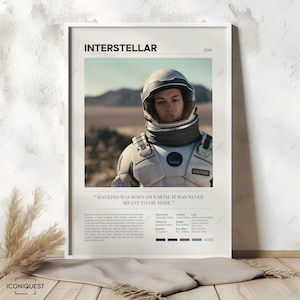 May include: A minimalist movie poster for the film "Interstellar" (2014). The poster features a close-up of an astronaut wearing a white spacesuit and helmet. The astronaut is standing on a barren, rocky landscape. The text "Mankind was born on Earth. It was never meant to die here." is printed below the image.