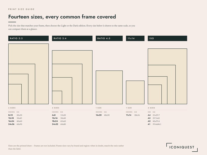 Print size guide: every available size drawn to the same scale, in inches and centimetres