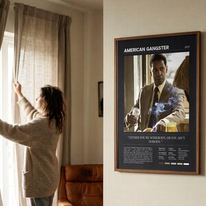 American Gangster poster, Dark edition, framed and on a wall as the morning curtains are drawn