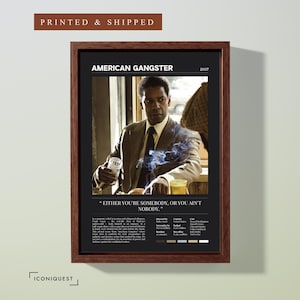 American Gangster poster, Dark edition, framed in walnut and hung on a plain wall