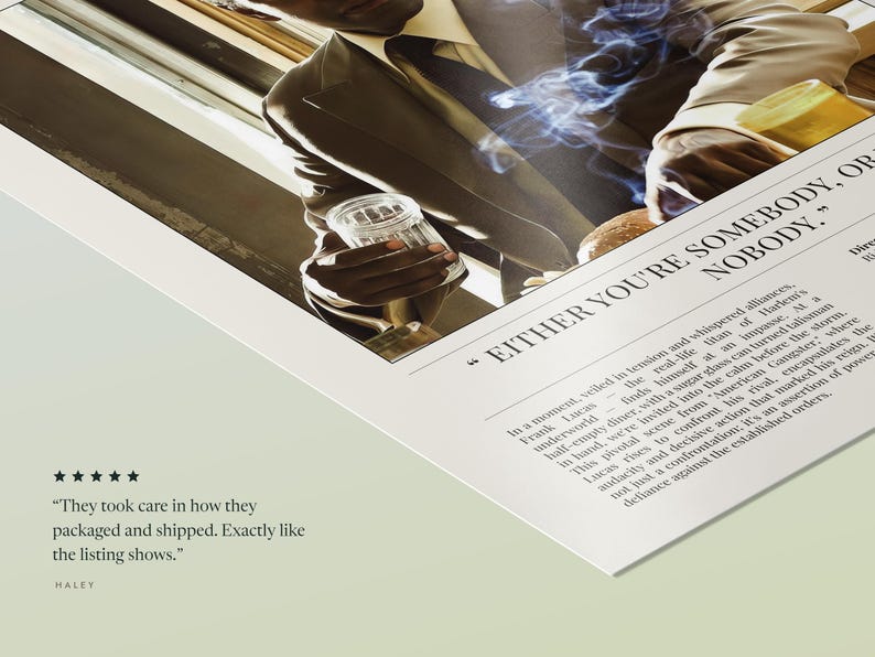 The American Gangster poster, Light edition, lying flat with its caption and credits in view