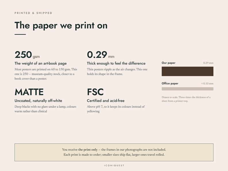 The paper we print on: museum-quality matte, 250 gsm, uncoated, acid-free and FSC-certified