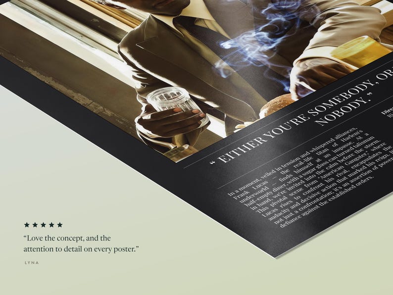 The American Gangster poster, Dark edition, lying flat with its caption and credits in view