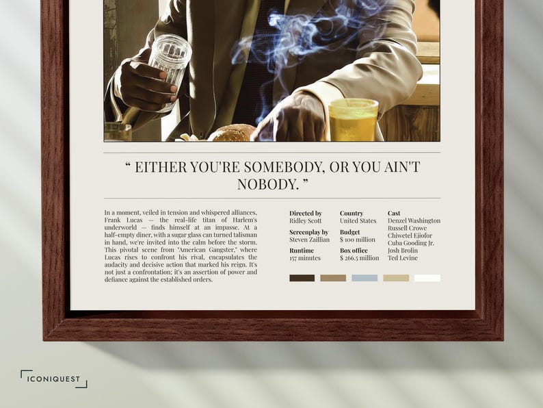 The framed American Gangster poster, Light edition, seen at an angle