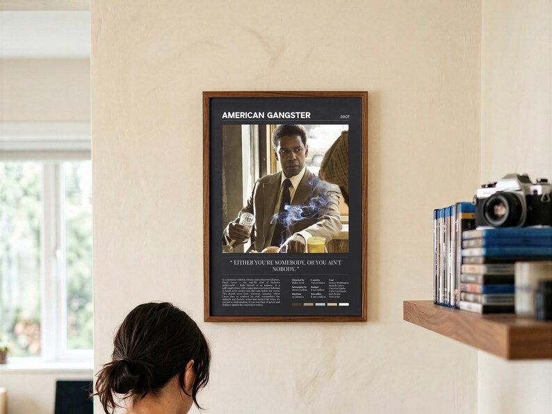 American Gangster poster, Dark edition, framed and hung above a desk in a film lover’s study