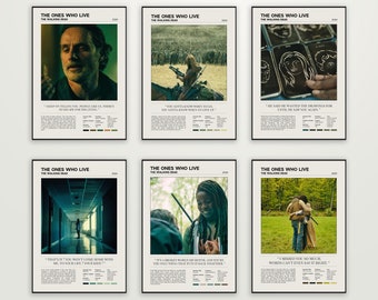 May include: Six black framed posters with white text and images from the TV show The Walking Dead. Each poster features a different character and quote from the show. The posters are arranged in two rows of three.