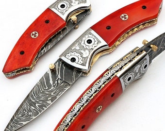 Cuchillo plegable Damasco, cuchillo plegable hecho a mano, navaja de bolsillo, cuchillo de caza, regalo para hombres, regalo de aniversario, mejor regalo para él.
