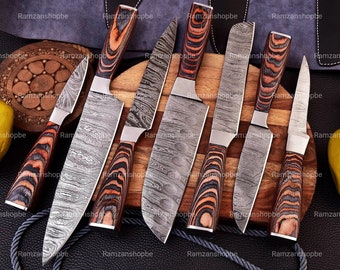 Handmade Damascus Chef Set of 7pcs with Leather Bag, Chef Set, Chef Set Knife, Kitchen Knife Set, Kitchen Chef Set, Anniversary Gift.