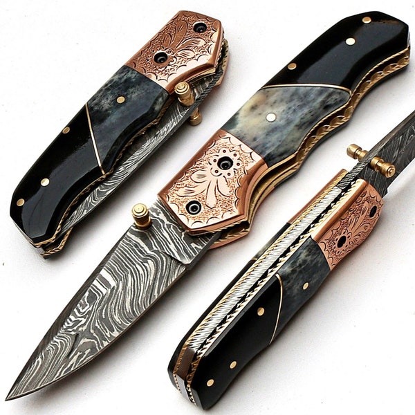 Damascus Folding Knife, Handmade Folding Knife, Pocket Knife, Hunting Knife, Gift for men, Anniversary Gift, Best Gift For Him.