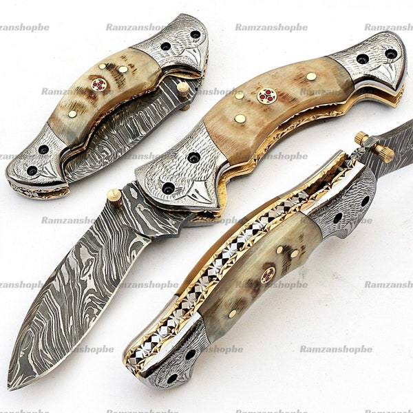 Damascus Folding Knife, Handmade Folding Knife, Pocket Knife, Hunting Knife, Gift for men, Anniversary Gift, Best Gift For Him.