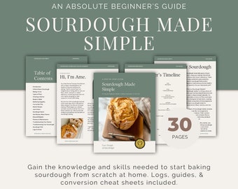 May include: A digital guide for making sourdough bread at home. The cover features a loaf of sourdough bread on a wooden cutting board. The guide includes 30 pages of instructions and tips.