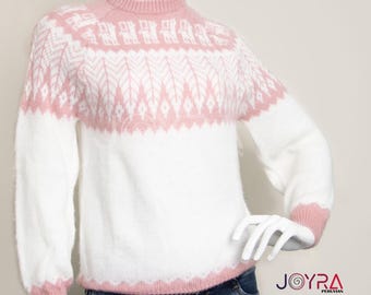 Alpaca Wool Sweater, Pink Llama Geometric Andean Design