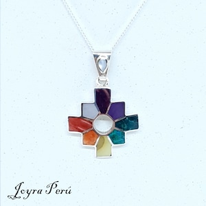 Sterling Silver 950 Chakana Necklace with Multicolored Stones – Andean Cross Handmade in Peru