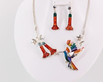 Sterling Silver Hummingbird Jewelry Set, Gemstone Inlay, Peruvian Artisan Crafted