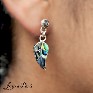 950 zilveren cocablad-sieradenset met abalone - oorbellen (1,14 inch) en hanger (1,57 inch) met ketting van 17 inch - op Andes geïnspireerde ambachtelijke sieraden
