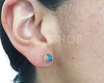 Può includere: Primo piano di un orecchio con un piccolo orecchino a bottone d'argento. L'orecchino presenta un design geometrico colorato con segmenti rossi, arancioni, gialli, verdi, blu e viola. L'orecchino è di forma piccola e rotonda.