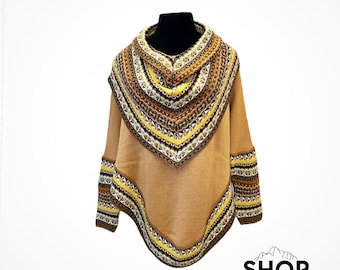 Alpaca Wool Turtleneck Poncho with Sleeves, Peruvian Knit