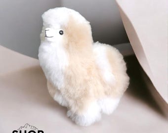 Può includere: Un piccolo peluche di alpaca, soffice e morbido, con un motivo bianco e beige. Il giocattolo ha un viso carino e sorridente con occhi neri e una bocca cucita.