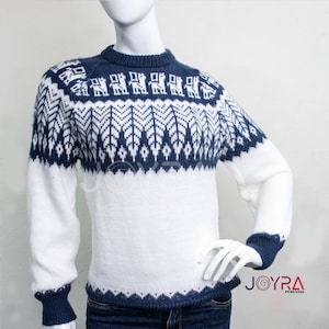 Alpaca Wool Sweater in White and Navy with Andean Llama and Geometric Patterns