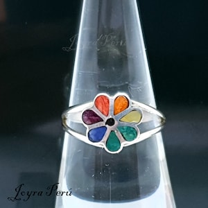 Sterling Silver Flower Ring with Multicolored Stones – Handmade in Peru
