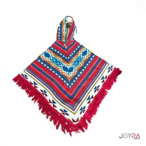 Traditional Peruvian Hooded Poncho with Fringe - Multicolor Ethnic Design