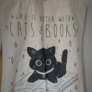 Cat and book shopping bag,portable and reusable cotton cotton bag