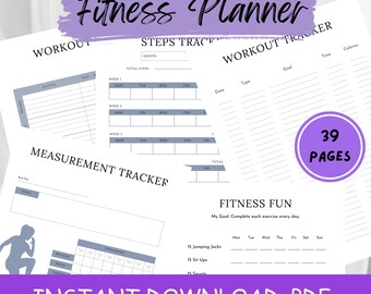 May include: A fitness planner with a purple banner that reads "Fitness Planner." The planner includes workout trackers, step trackers, and measurement trackers. The text "39 PAGES" is in a purple circle. The bottom banner reads "INSTANT DOWNLOAD .PDF."